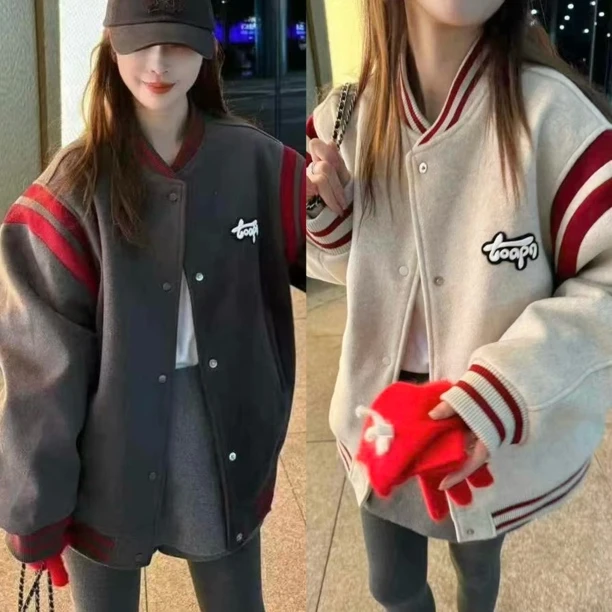 【幸运红】秋冬新款拼色宽松休闲韩版加厚毛呢外套棒球服棉服外套
