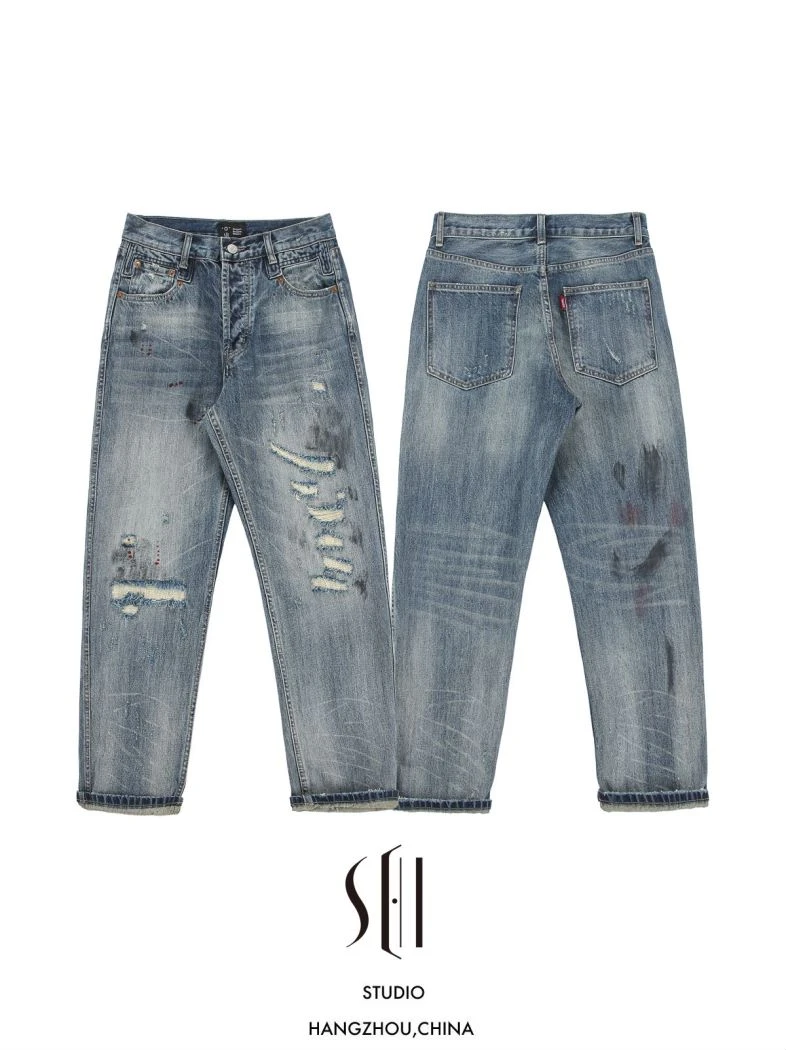 （SJ）重工补丁油污泼漆直筒牛仔裤6009