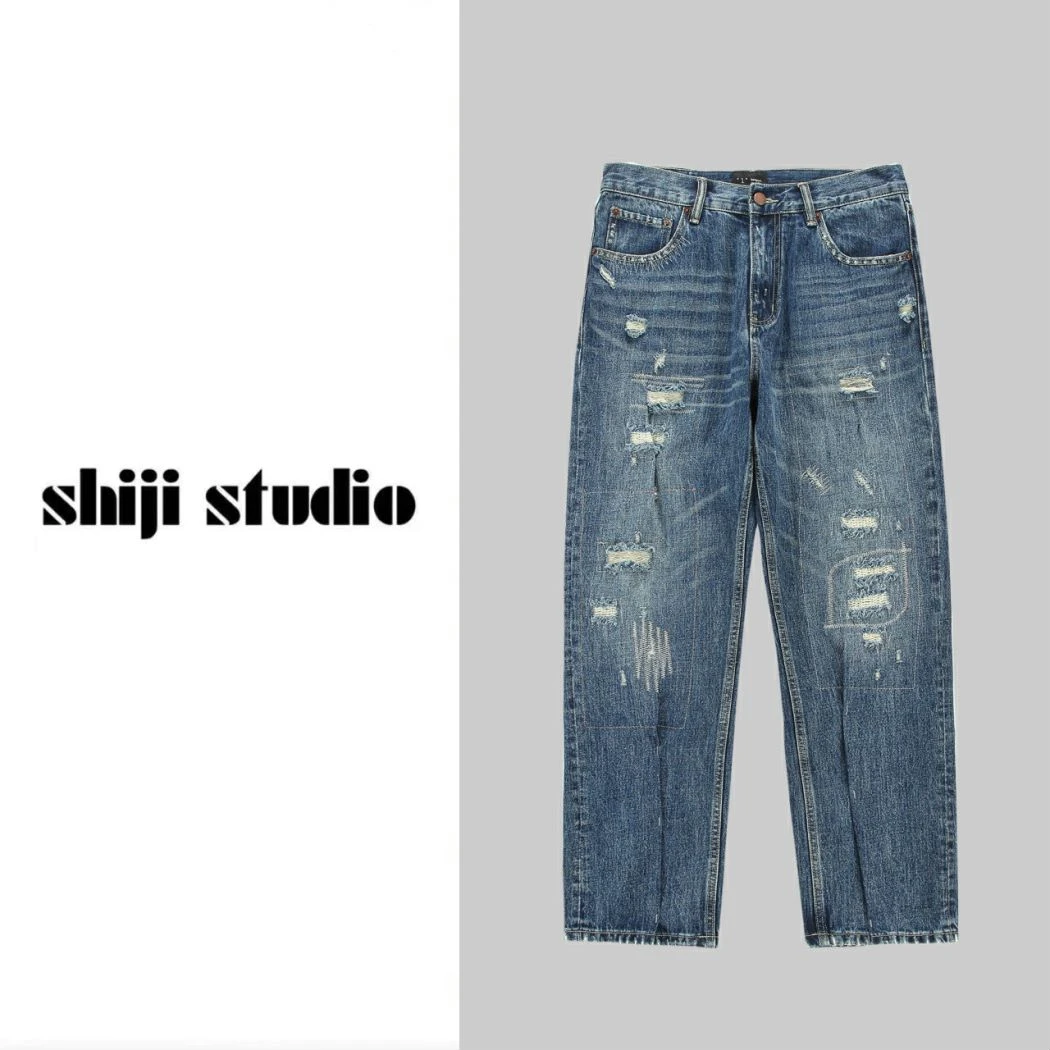 （拾集）重工多褶位捏褶补丁微锥牛仔裤 6005