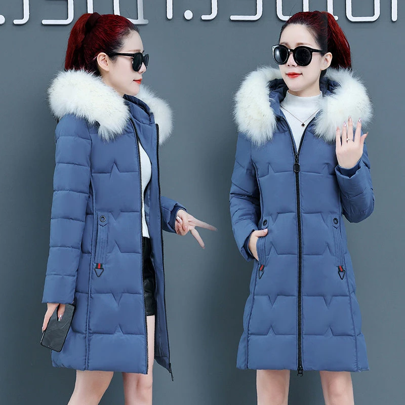 冬季保暖棉袄女中长款加厚保暖大毛领棉外套修身显瘦长棉服