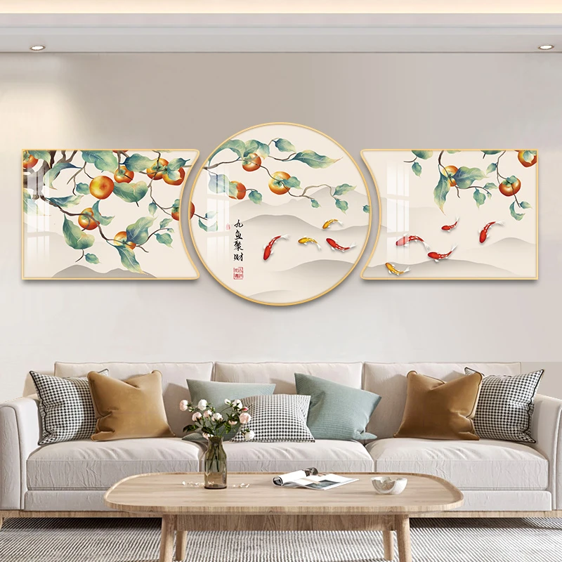 【聚财九鱼图】三联画餐厅装饰画新中式沙发背景墙挂画晶瓷画客厅画