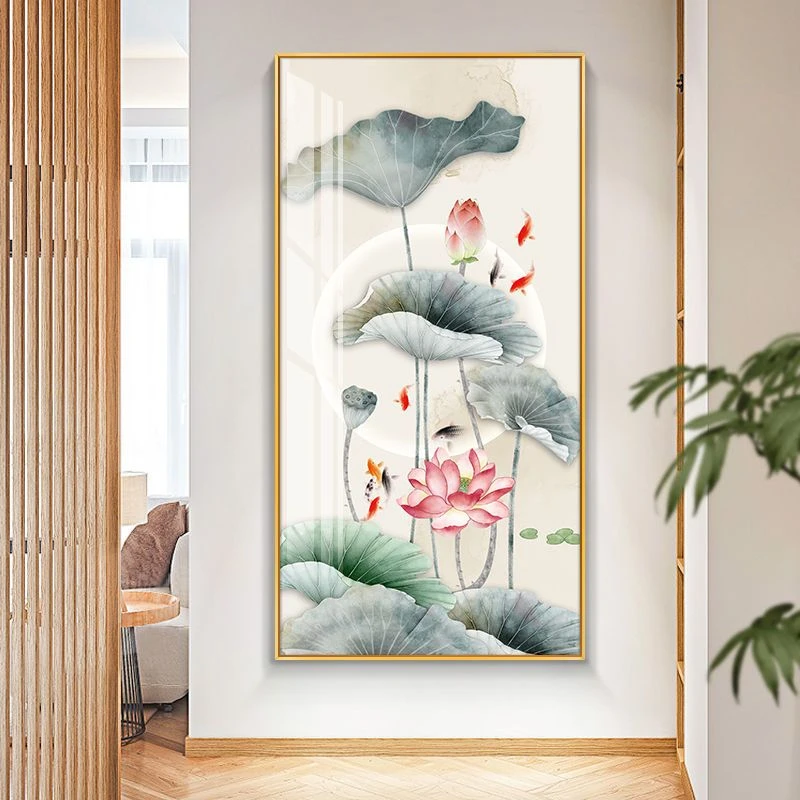 荷花装饰画新中式玄关画高档入户正对门壁画年年有鱼走廊过道挂画