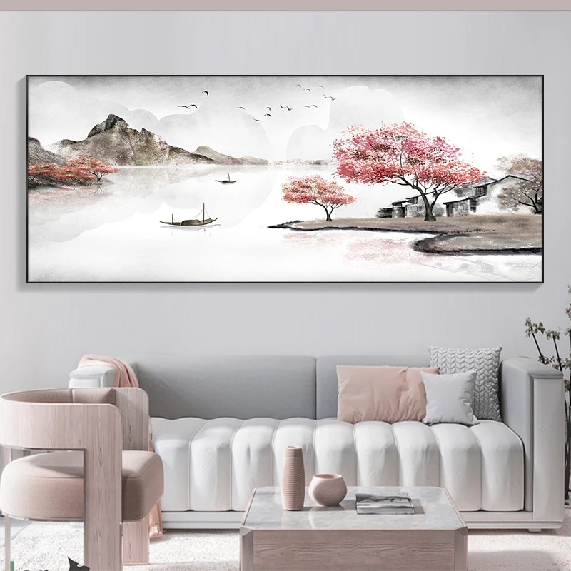 【湖光山色】沙发背景墙墙壁装饰画挂画山水画办公室山水挂画