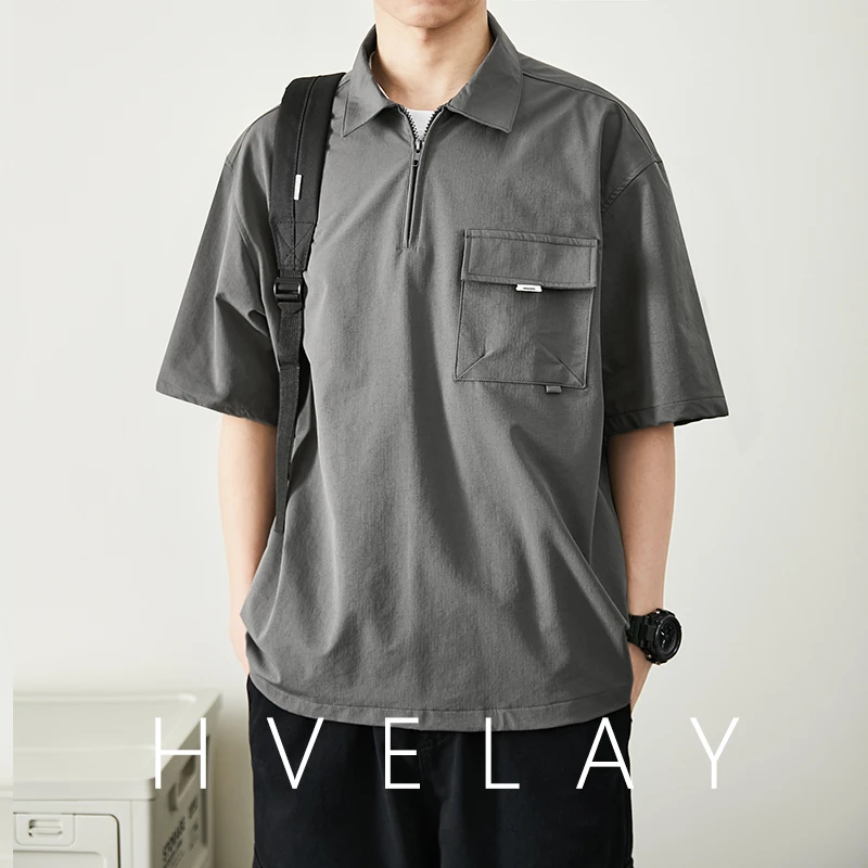 HVELAY日系简约工装POLO衫男生夏季山系复古衬衫透气速干翻领T恤