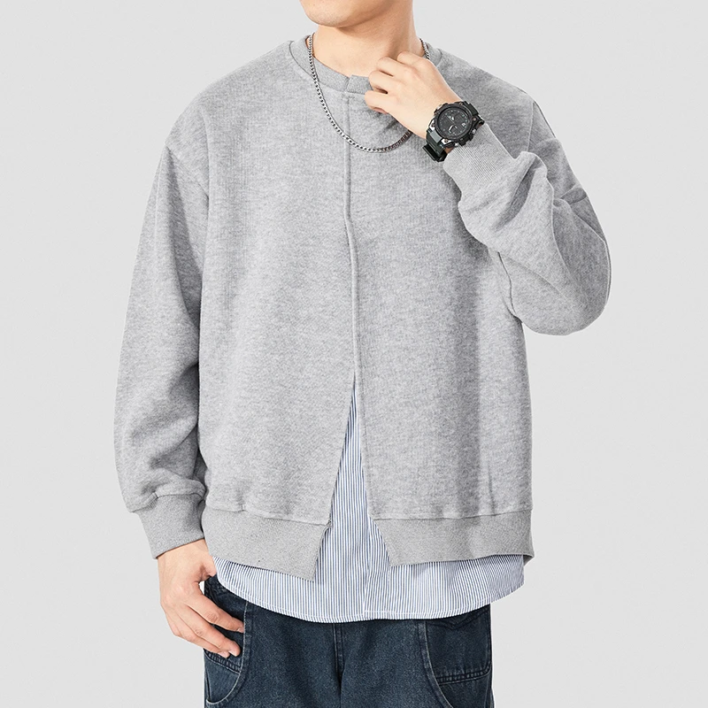 日系简约假两件条纹衬衫拼接圆领卫衣男潮牌衣服宽松纯棉休闲外套