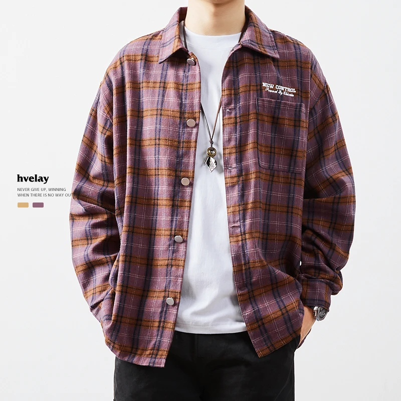hvelay美式复古格纹工装衬衫男宽松秋季休闲重磅格子百搭衬衣外套