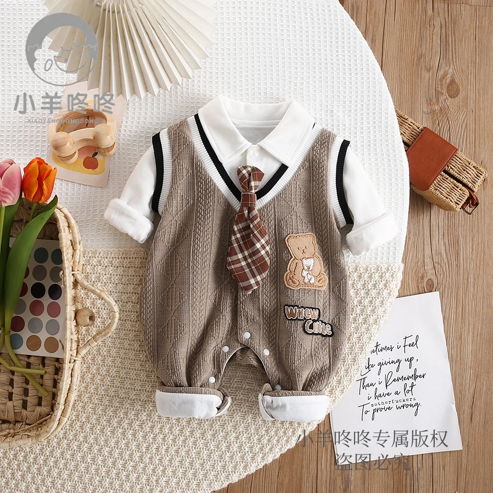 新款春秋季领带长袖布贴字母小熊英伦式学院双层婴儿幼儿衣服童装