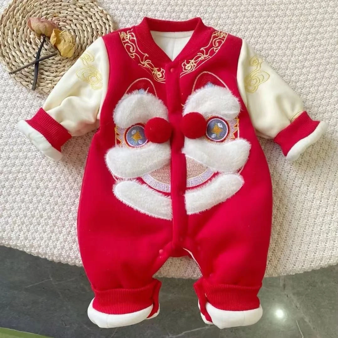 【咪】新款宝宝冬款加绒加棉纯红色喜庆呆萌醒狮拜年服连体哈衣