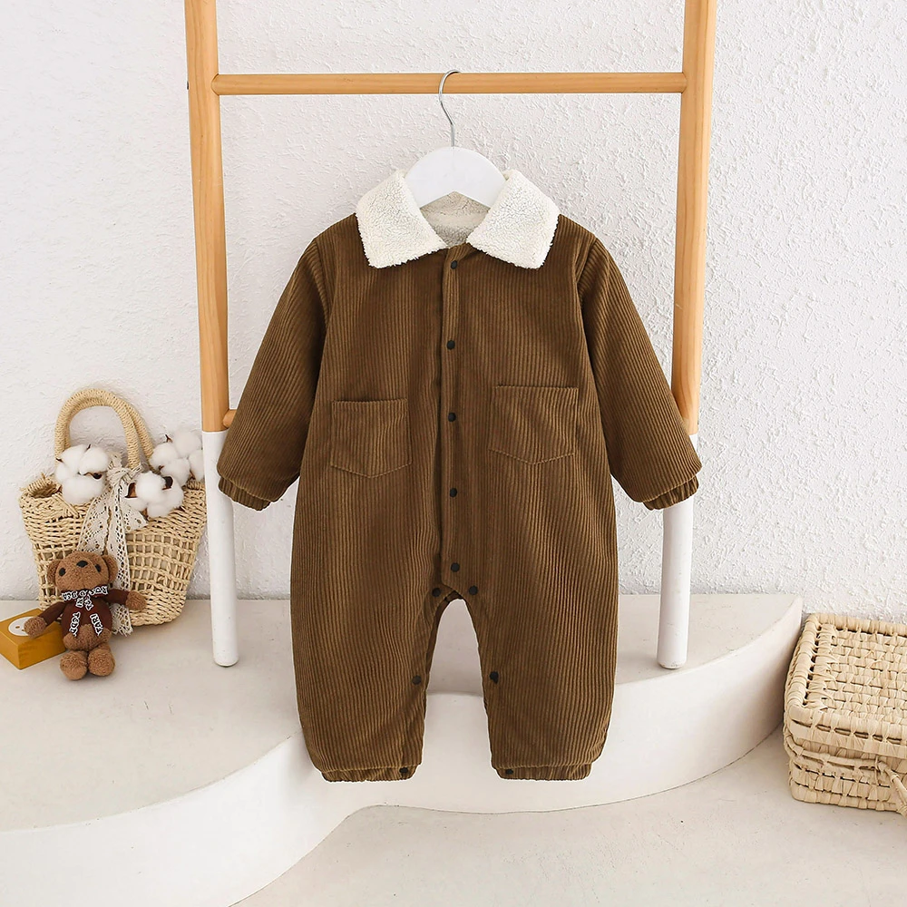 新款宝宝婴童秋冬款灯芯绒小熊加绒双层婴幼儿连体哈衣保暖婴儿