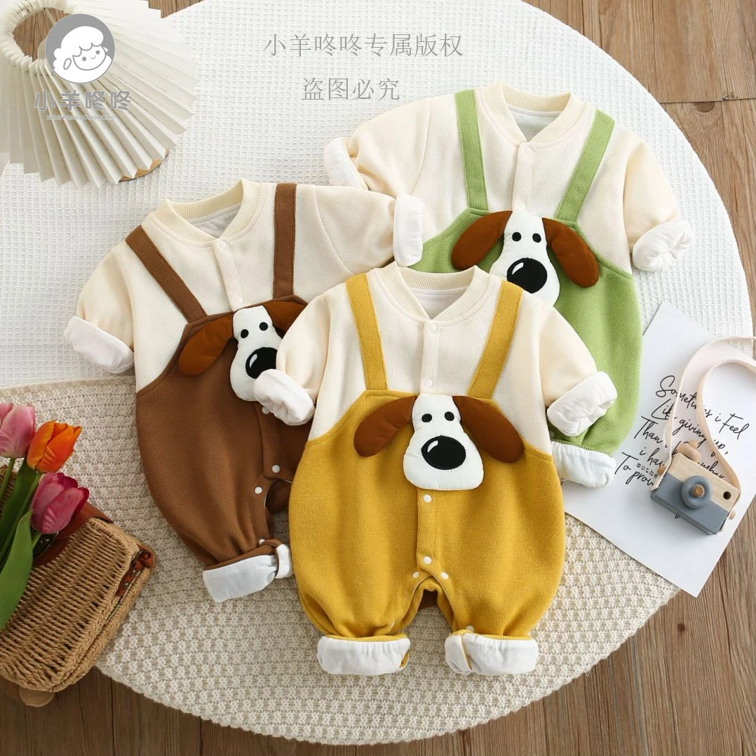 秋季新款婴幼儿男女宝假背带立体憨厚掌门狗可爱连体衣