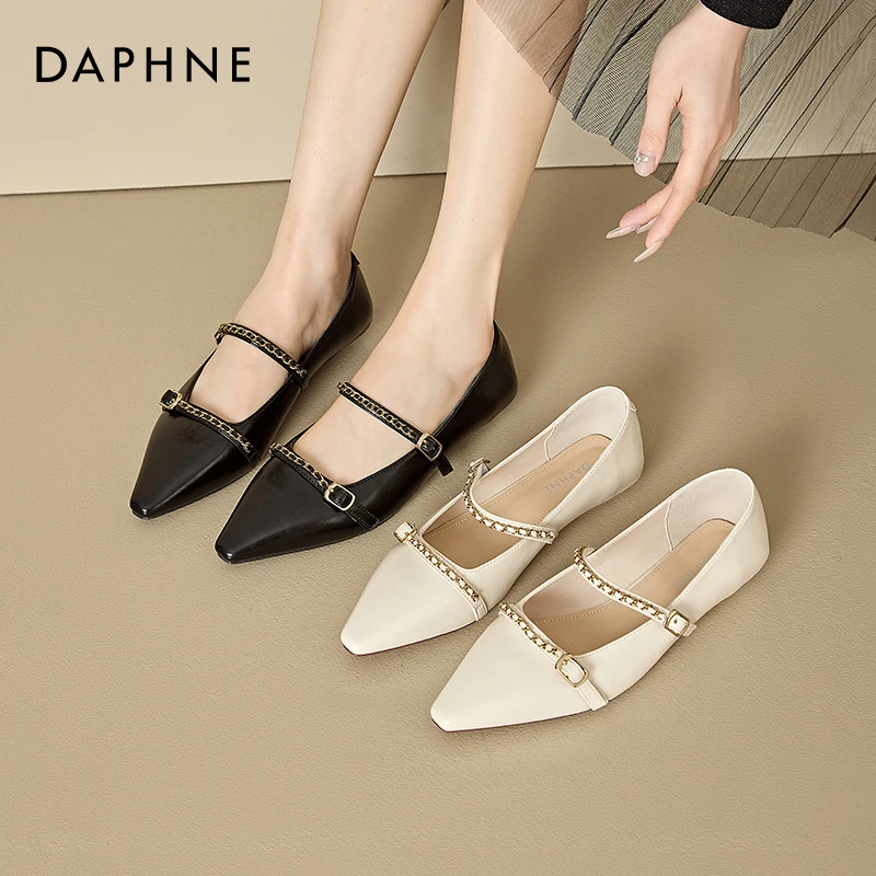 Daphne/达芙妮尖头玛丽珍鞋一脚蹬小皮鞋小香风平底女鞋百搭单鞋