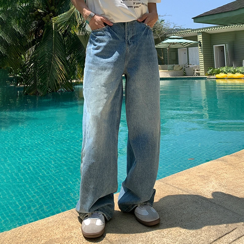 Holocene美式潮牌阔腿牛仔裤水洗磨白拖地宽松直筒长裤420135A