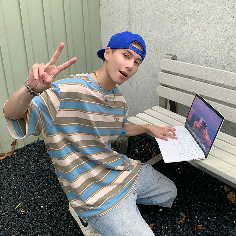 Holocene美式潮牌国潮情侣百搭彩色条纹短袖宽松半袖T恤男42028A