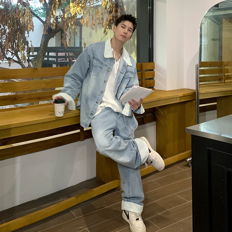 Holocene美式潮牌蓝色牛仔套装高级感设计感夹克痞帅春秋搭配一套