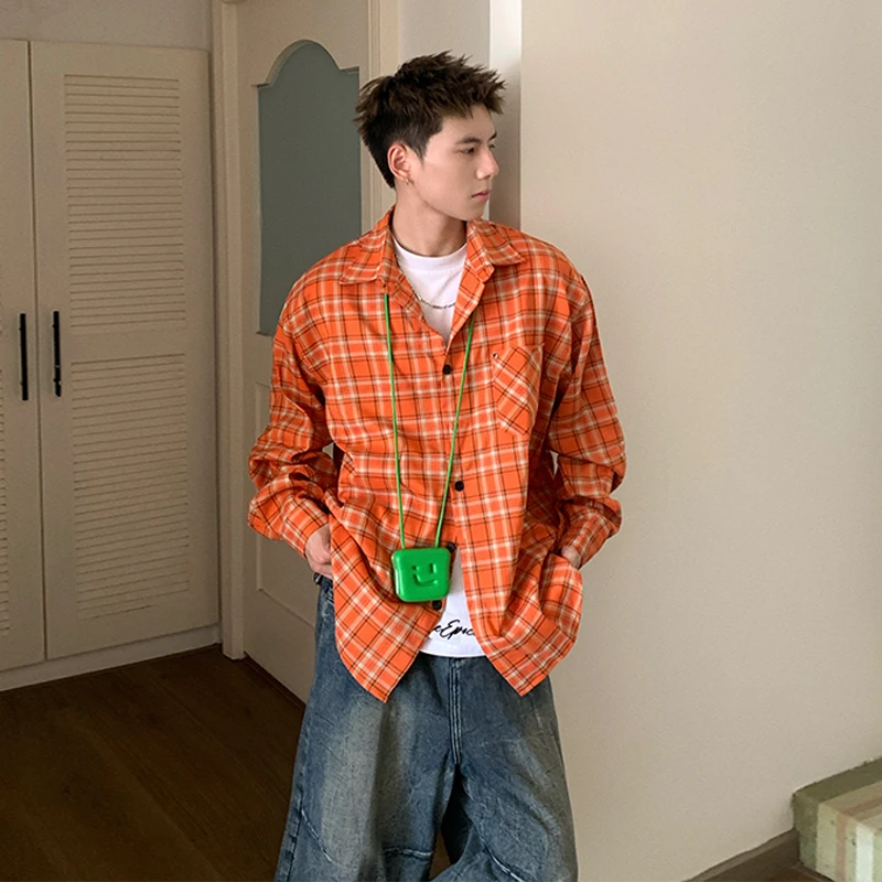 Holocene美式潮牌复古橙色格纹长袖衬衫宽松百搭休闲情侣慵懒衬衣