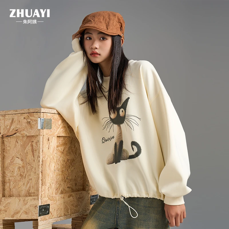 朱阿姨秋季女大童圆领卫衣2025新款宽松休闲长袖卡通印花套头上衣