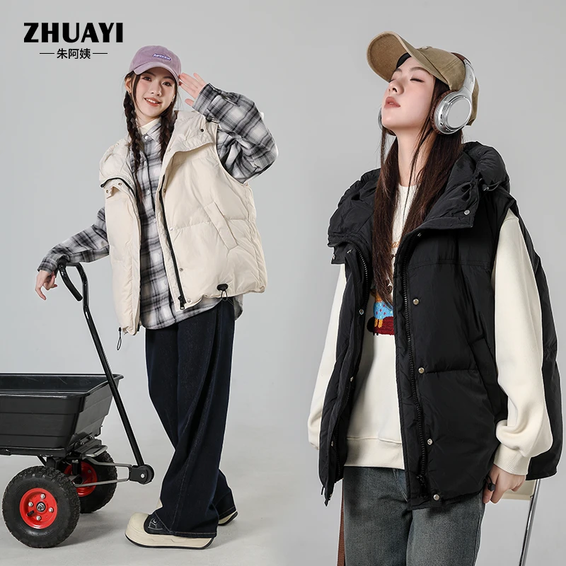 冬季新款羽绒马甲连帽加厚保暖90白鸭绒外套女大童羽绒马甲宽松