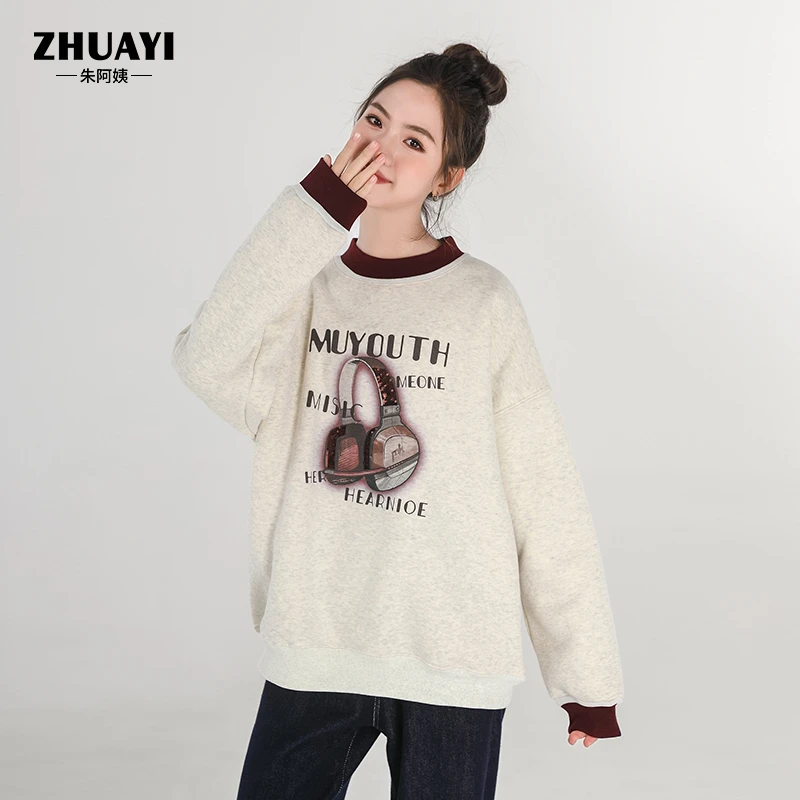 女大童加绒卫衣秋冬新款耳机圆领保暖上衣假两件设计感套头长袖