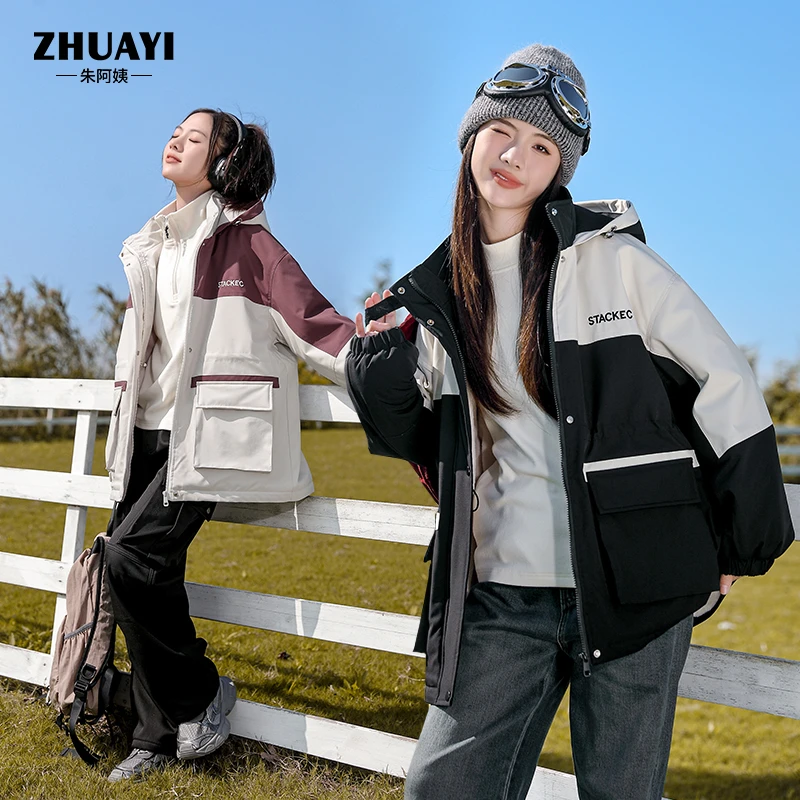 女大童撞色连帽外套冬季新款内里毛毛绒保暖外套加厚防风女孩棉服