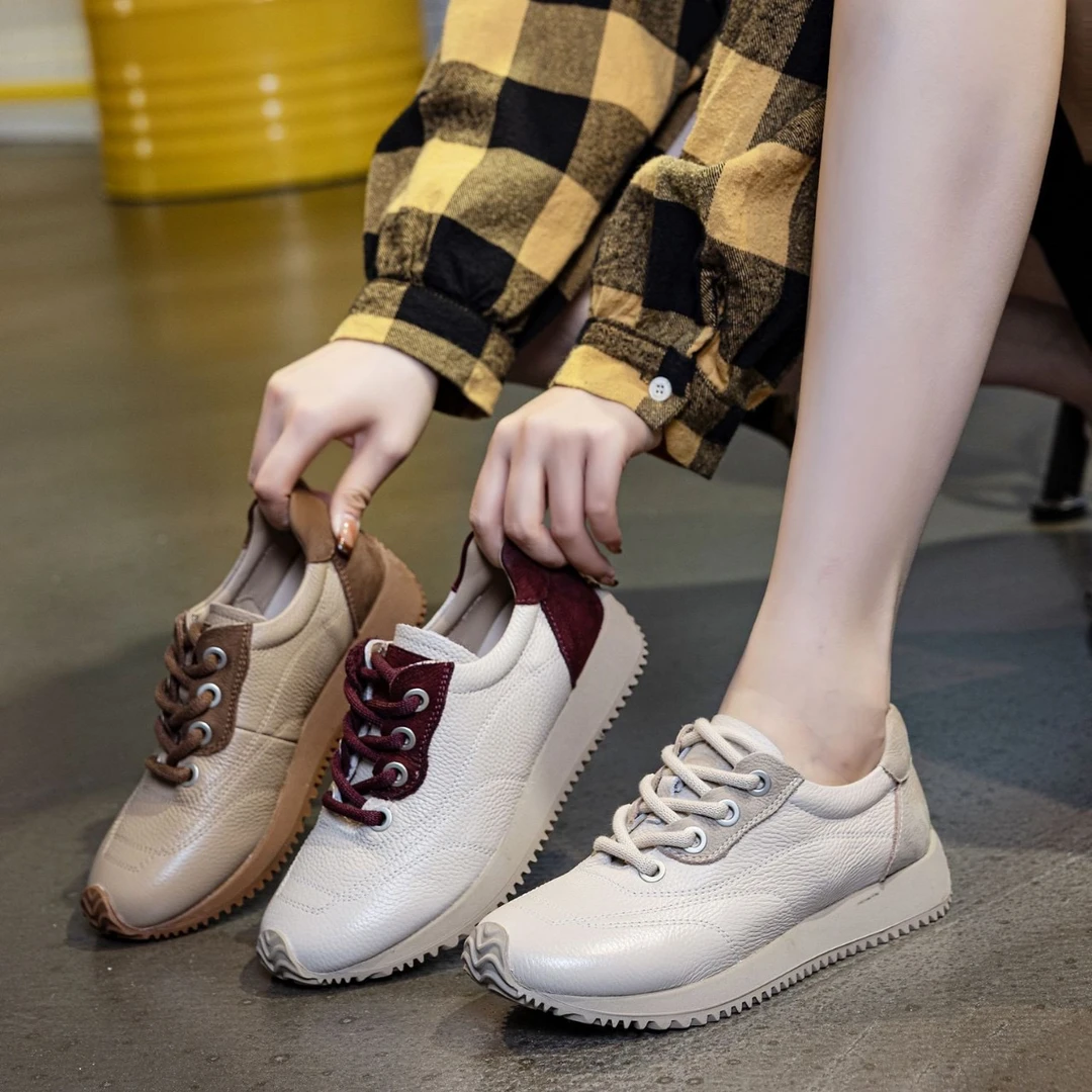 2024秋冬新款头层牛皮加绒运动鞋女时尚百搭休闲鞋阿甘鞋德训鞋女