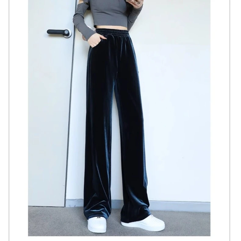 窄版金丝绒阔腿裤女秋冬高腰垂感百搭显瘦直筒裤黑色时尚拖地裤