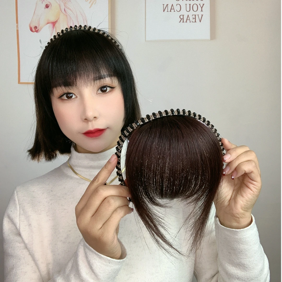 真发丝刘海假发遮盖前额白发仿水钻发箍刘海一体女士隐形假刘海