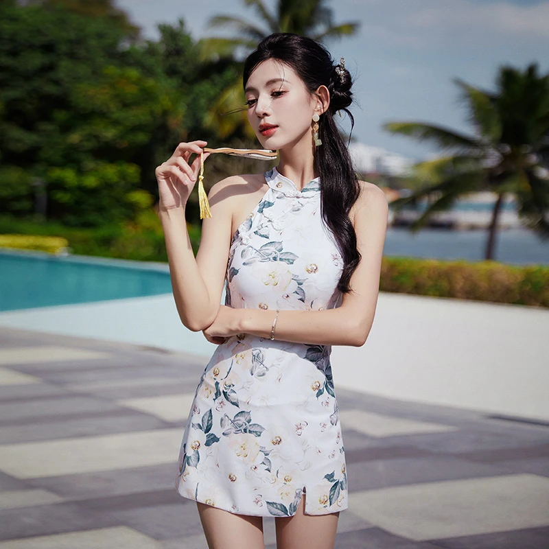 新中式中国风旗袍女士高级感泳衣泡温泉海边度假高档连体裙式泳装