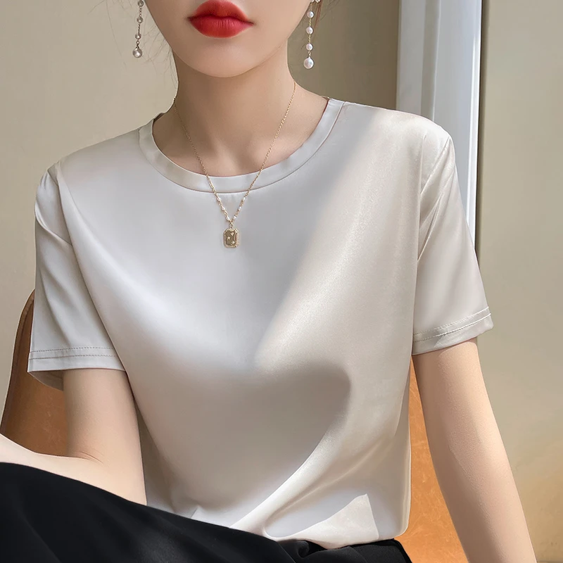 【蚕丝冰凉透气】圆领新款宽松高档打底纯色百搭内搭西装上衣