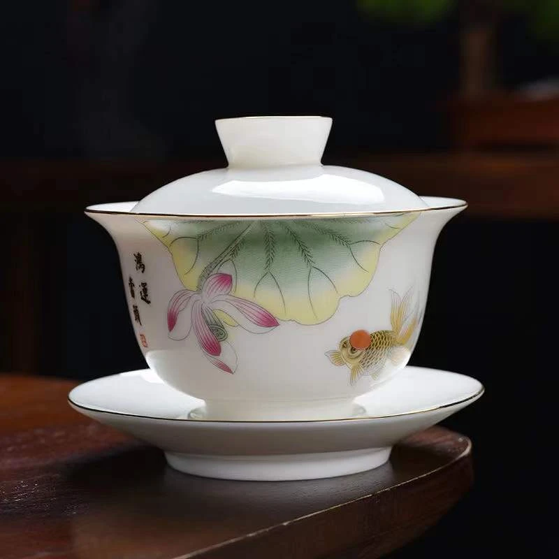 白瓷泡茶三才盖碗茶杯高档描金瓷盖碗白瓷盖碗高端茶具高档盖碗