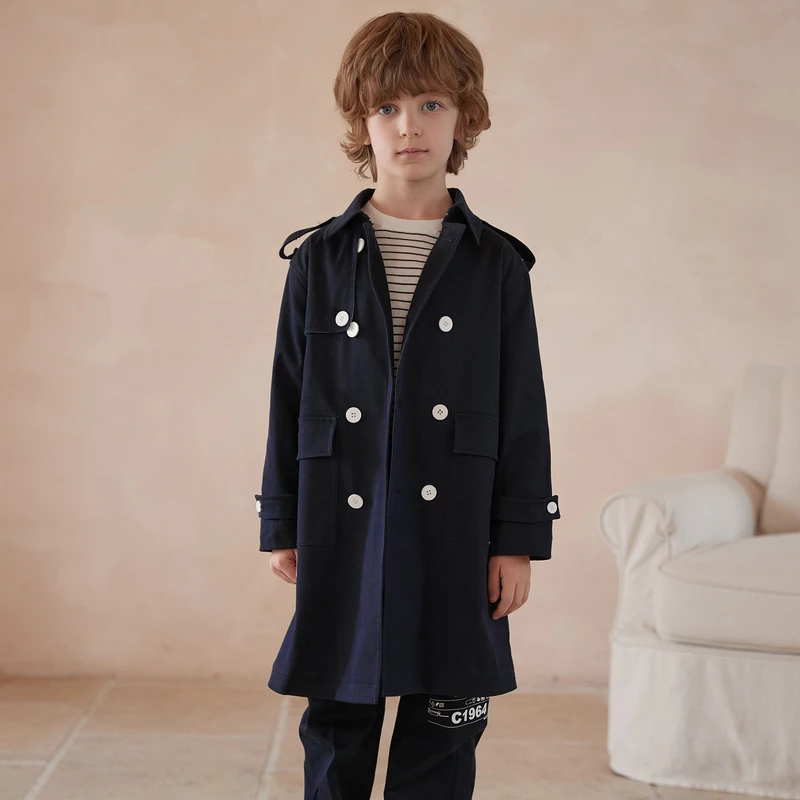 ff&dd童装2024春季新款男童英伦学院风中长款风衣藏青色外套