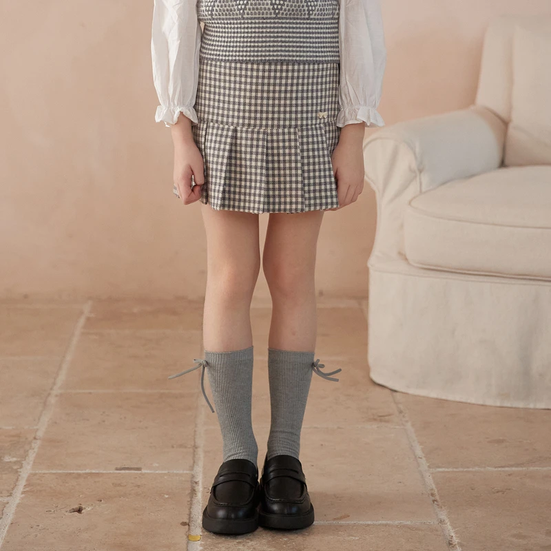 ff&dd童装2024春季新款女童格纹百褶裙灰色半裙舒适百搭腰裙子