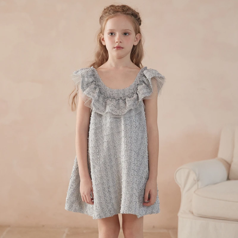 ff&dd童装2024春季新款女童连衣裙灰色粗花呢荷叶领背心公主裙子