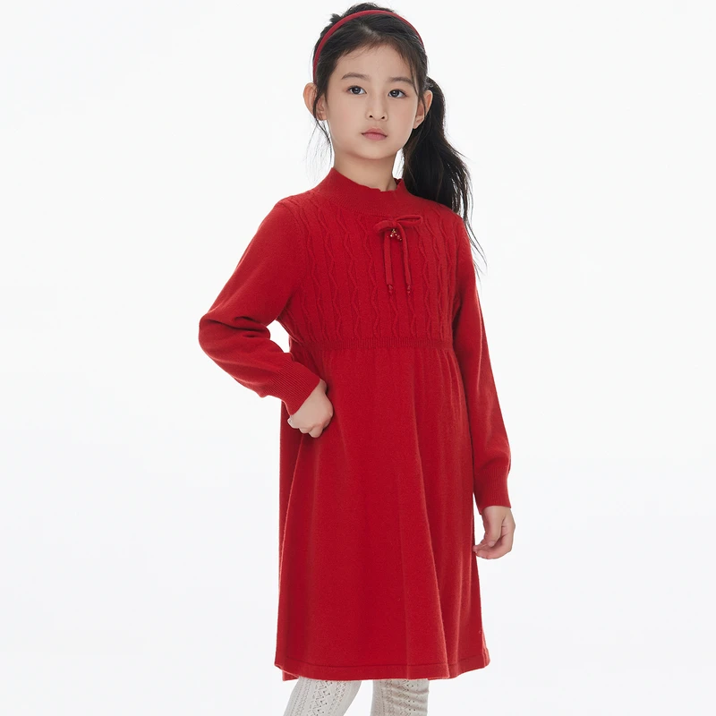 ff&dd童装2025冬季连衣裙女童蝴蝶结设计国风洋气针织连衣公主裙
