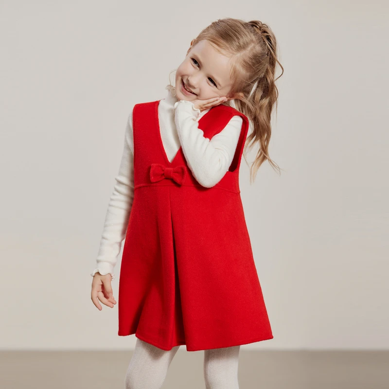 ff&dd童装2024冬连衣裙女童毛呢背心裙蝴蝶结甜美气质修身呢子裙