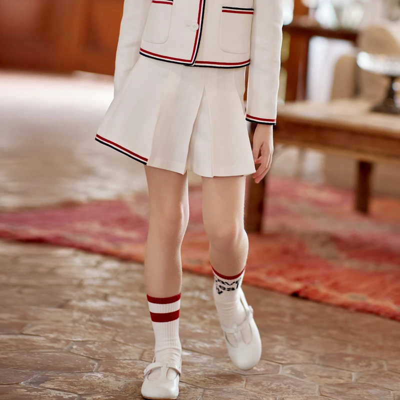 ff&dd童装2024春季新款女童奶白色学院风短裙儿童英伦风半裙春秋