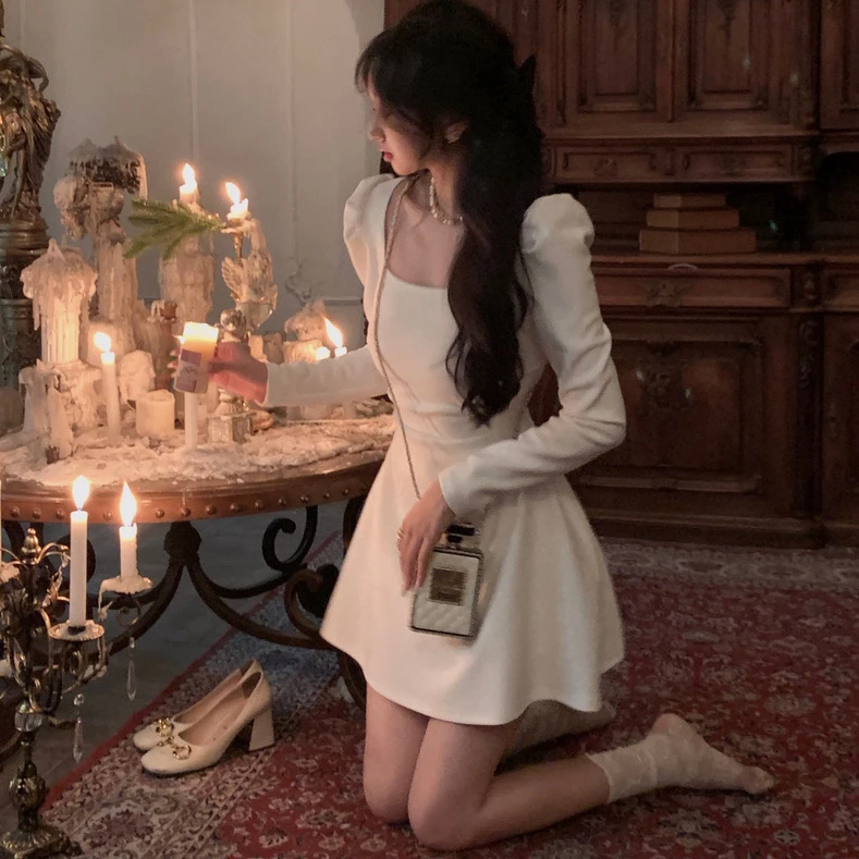 清新甜美清纯初恋白裙子长袖显瘦显腰细遮肚连衣裙生日酒会礼服