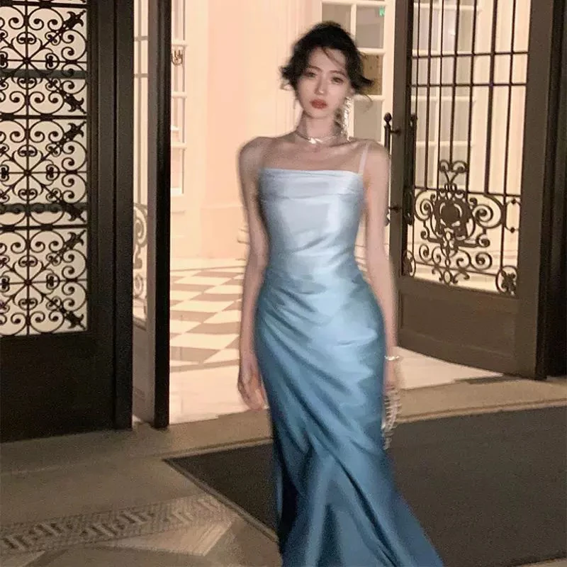 绝美女神大女主高级感御姐渐变吊带连衣裙生日酒会礼服