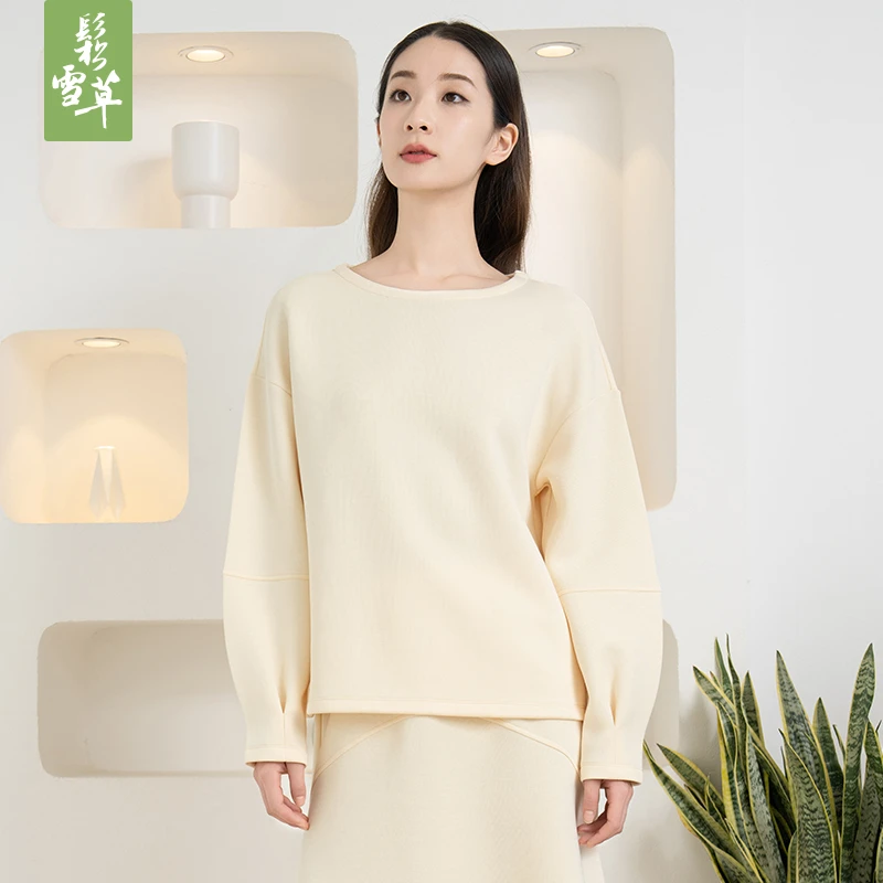 鬆雪草弹力空气层一字领女休闲宽松卫衣 2024冬新款长袖衫5014072