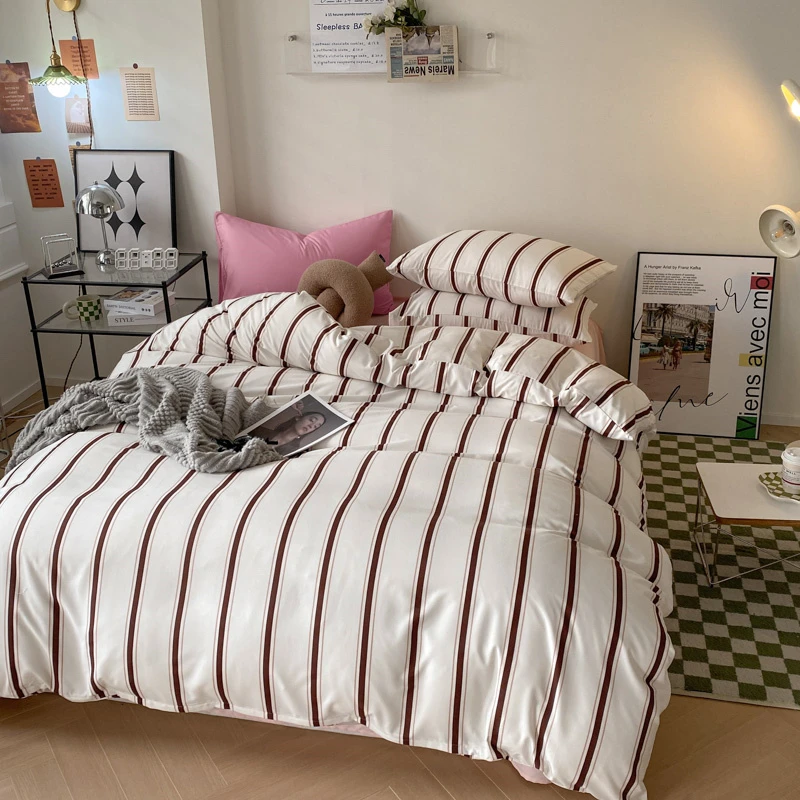 ins风条纹款四件套学生床单宿舍三件套被套被罩简约床品双人床