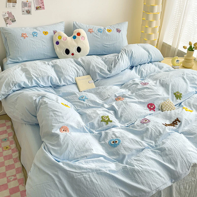 超柔软-新款-亲肤水洗棉毛巾绣四件套学生宿舍三件套床单被套枕套