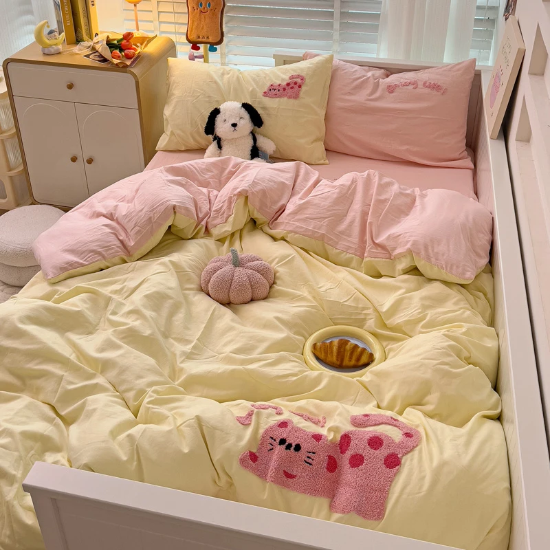 ins风少女-巨柔水洗棉波点猫毛巾绣四件套学生宿舍三件套亲肤柔软