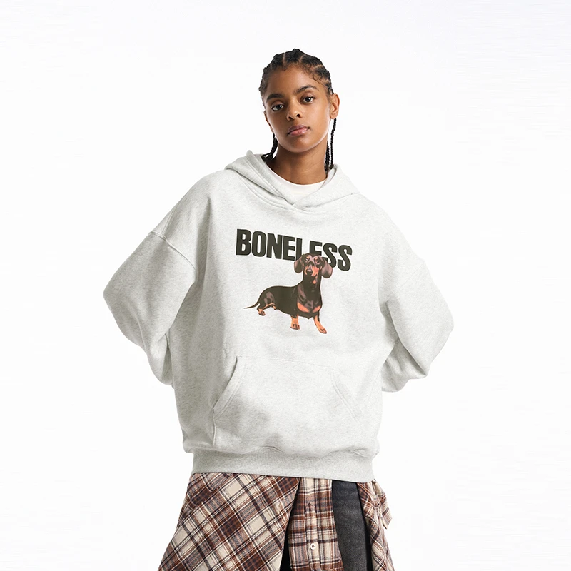 BONELESS腊肠小狗印花字母加绒连帽卫衣重磅潮牌帽衫连帽卫衣男
