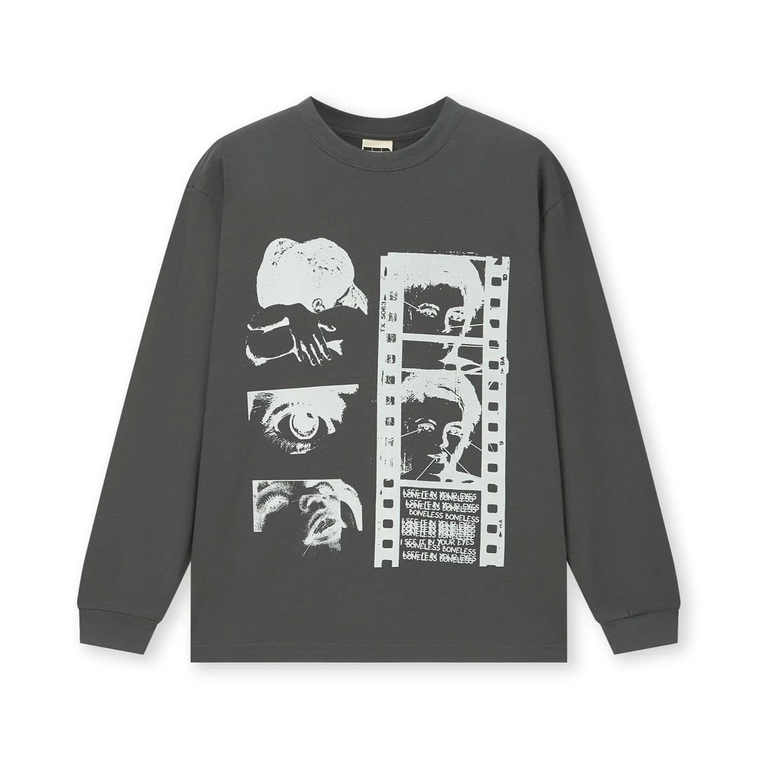 BONELESS胶片人像唱片长袖T恤重磅落肩宽松情侣印花圆领秋季休闲1