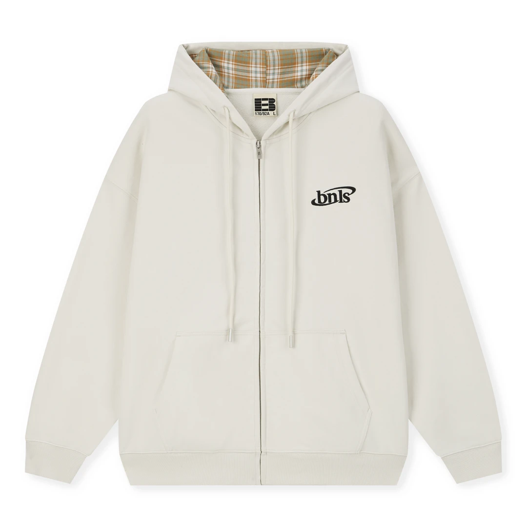 BONELESS格纹拼接连帽拉链帽衫休闲情侣宽松秋季运动长袖潮假两件