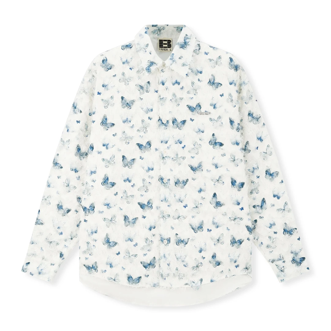 BONELESS流苏蝴蝶毛边流苏设计衬衫美式印花宽松长袖复古休闲潮流