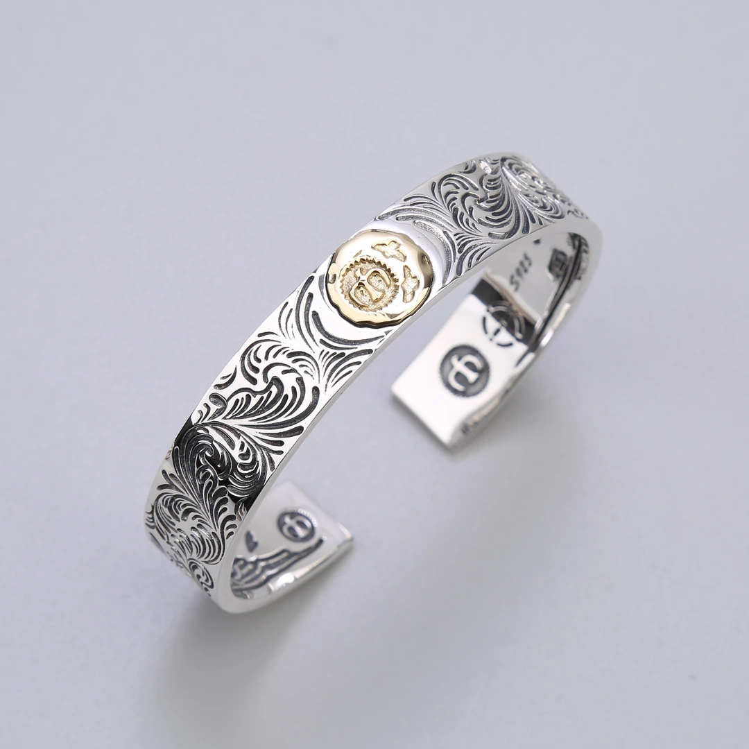 隽克 925银手镯 goros菊地健四目点铜老鹰蔷薇花太阳羽毛纯银手镯