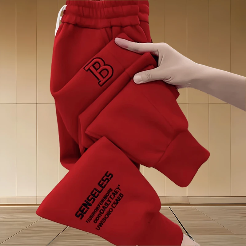 窄版阔腿裤女裤秋季爆款2025新款字母刺绣红色裤子宽松显瘦休闲裤