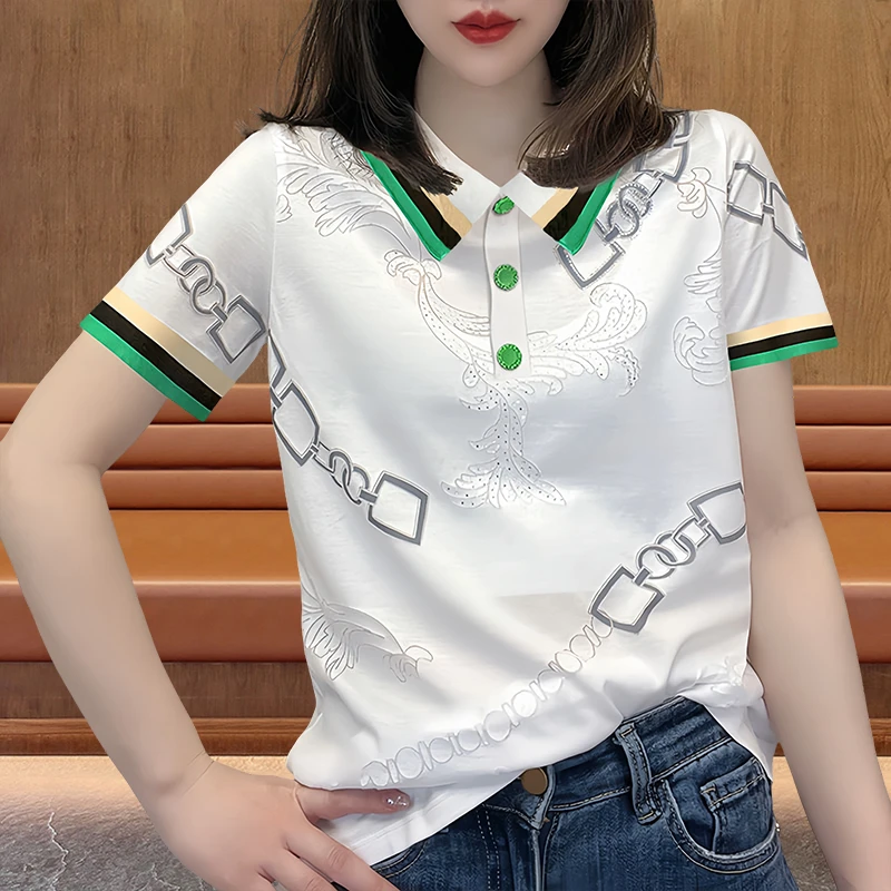 纯棉纽扣设计翻领短袖t恤女装2025春秋季新款洋气宽松显瘦上衣服