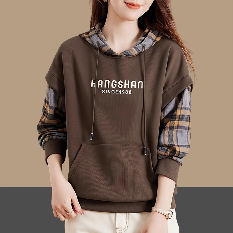 复古字母印花拼接长袖卫衣女2025秋季新款洋气休闲百搭慵懒风上衣