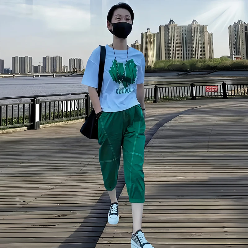 纯棉高街爱心运动套装女爆款2025年新款网红款绿色裤子短袖两件套